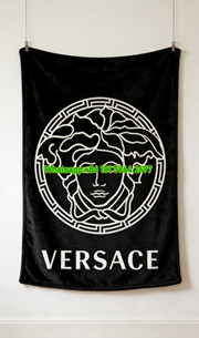 Versace Black White Medusa Greek Key Logo Printed Flannel Throw Blanket IMG_1278